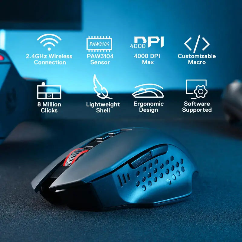 Redragon M656 Gainer Wireless Gaming Mouse, 4000 DPI 2.4Ghz Wireless Gamer Mouse w/ 5 DPI Levels, 7 Macro Buttons, Red LED Backl Lootquake LLC
