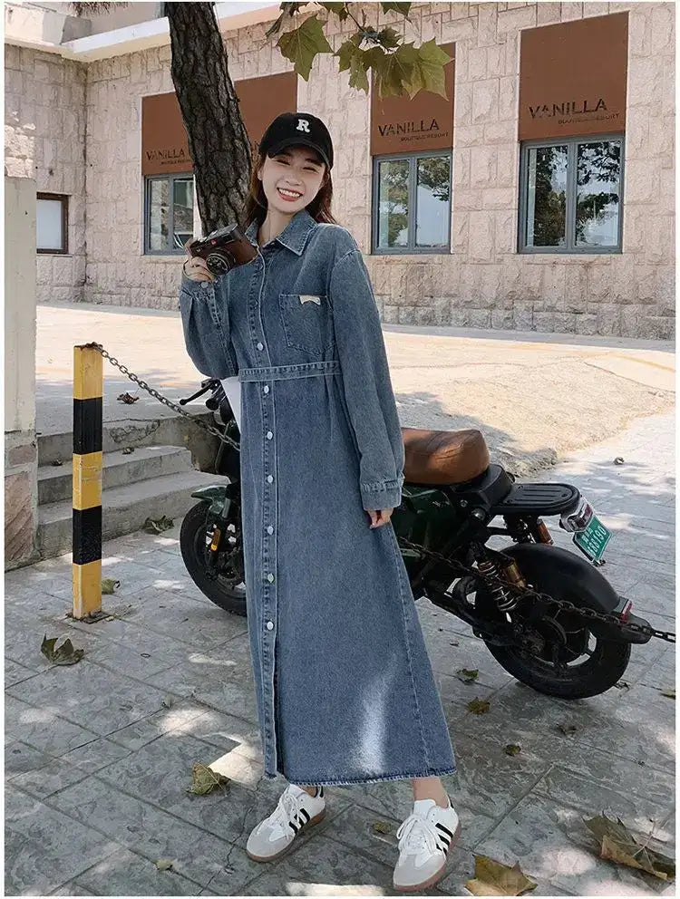 Denim Long Dress 2024 New Fashion Spring Autumn Korean Sweet Cargo LOOSE FIT Full Sleeve Girls Dress All-match