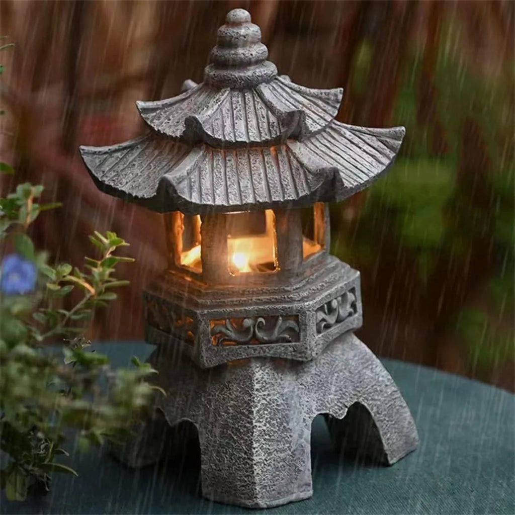 Pagoda Statues Outdoor Solar Powered Statue Japanese Garden Decor Outdoor Zen Garden Lantern Flickering LED Garden Light