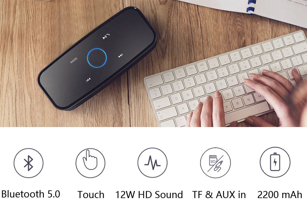 DOSS Wireless Bluetooth Speaker SoundBox BT 5.0 Touch Control Portable Music Sound Box 12W Stereo Sound IPX5 Waterproof Speakers Lootquake LLC