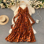 Neploe Vintage Print Holiday Long Dress Women High Waist Hip A Line Vestidos Summer 2025 New V Neck Sleeveless Camis Robe Slim