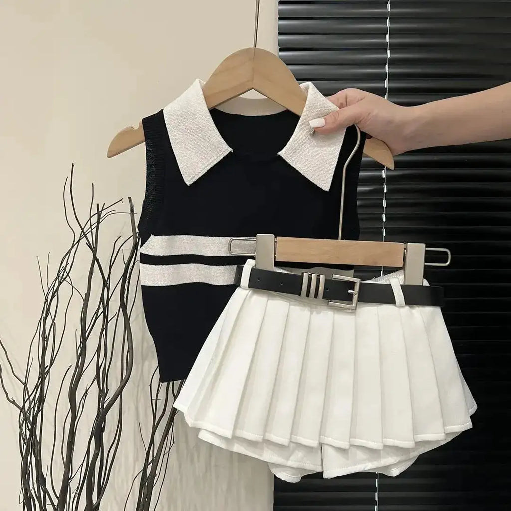 Baby Girls Knitted Polo Shirt Summer Set Latest Children's Western style Tank Top Fashionable Pleated Skirt Two Piece Set