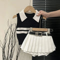 Baby Girls Knitted Polo Shirt Summer Set Latest Children's Western style Tank Top Fashionable Pleated Skirt Two Piece Set