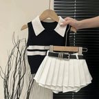 Baby Girls Knitted Polo Shirt Summer Set Latest Children's Western style Tank Top Fashionable Pleated Skirt Two Piece Set