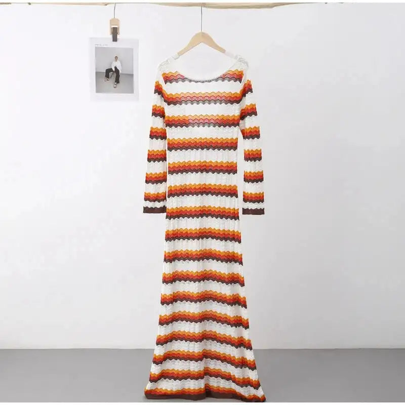 Striped Knitted Long Dress Women O-neck Backless Hollowed Out Long Sleeves Lady Bodycon Dress 2024 Spring Summer Vacation Robe