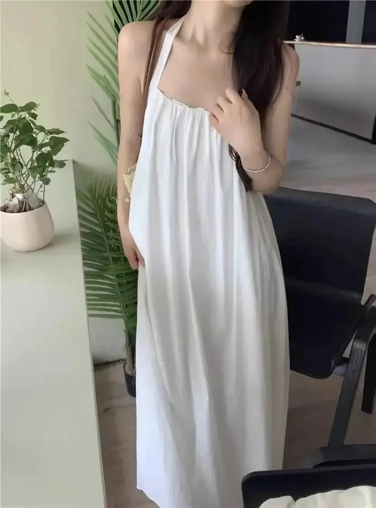 Summer Vacation Dress Thailand Style Open-back Halter Neck Age-reducing Photography Beach Long Dress Belted