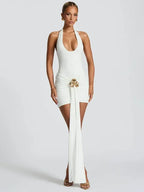 Mozision Metal Flower Draped Ruched Sexy Mini Dress Women Robe Fashion Halter Backless Sleeveless Bodycon Club Party Dress New