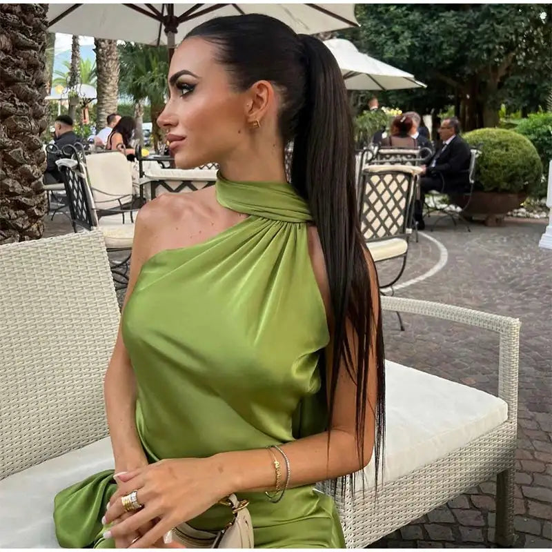 Elegant Satin Halter Slim Long Dress With Scarf Women New Sexy Backless Sleeveless Maxi Dresses Summer Lady Party Chic Vestidos