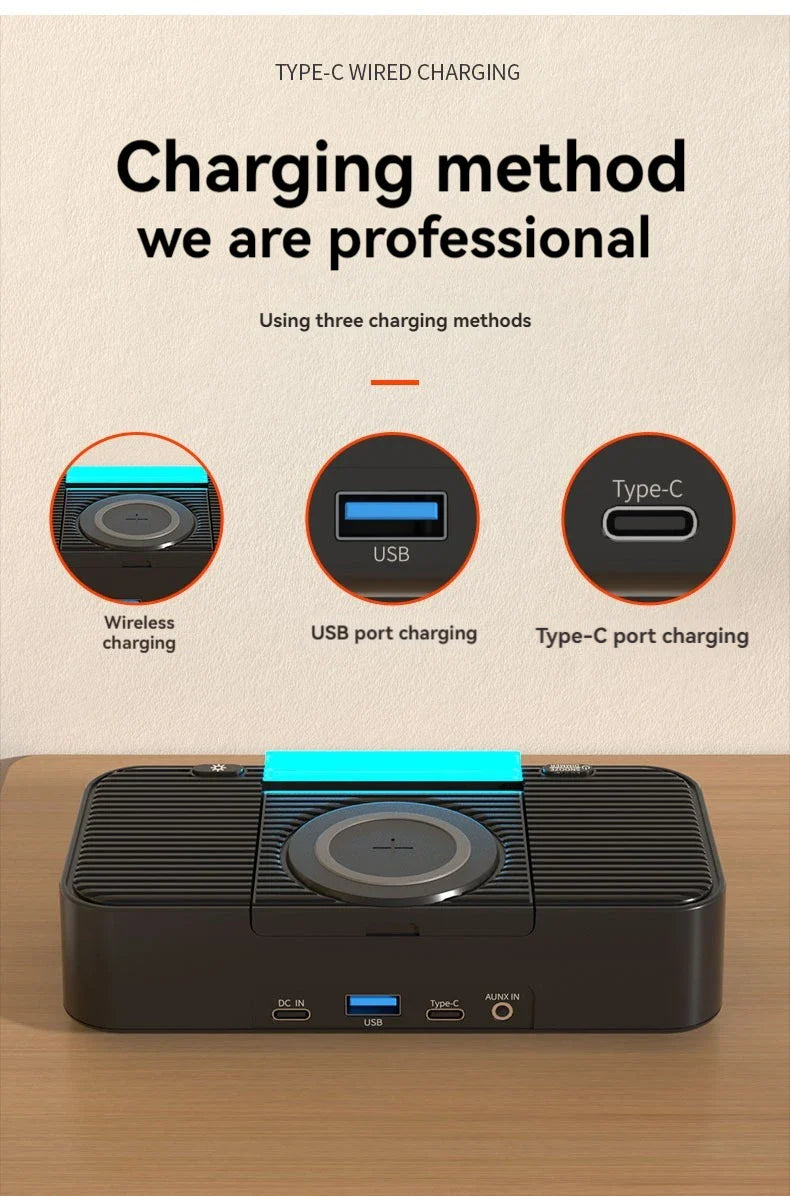 Portable Bluetooth Speaker with Wireless Charging Atmosphere Light Clock Alarm Function Double Speaker USB Charging Lootquake LLC