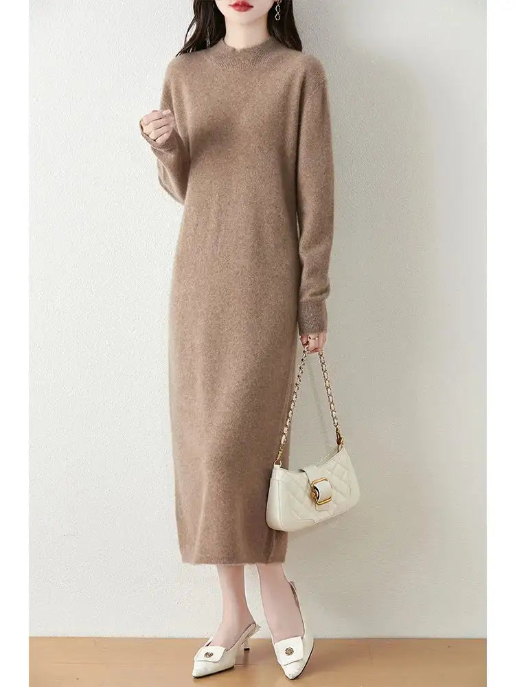 Autumn Winter Women's Wool Long Dress Cashmere Mock Neck Pullover Sweater 100% Merino Wool Soft Knitwear OL Simple Basic Dress Lootquake LLC