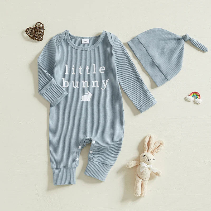 Adorable Easter Bunny Print Romper with Matching Hat for Baby s First Easter Celebration - Long Sleeve Round Neck Jumpsuit Lootquake LLC