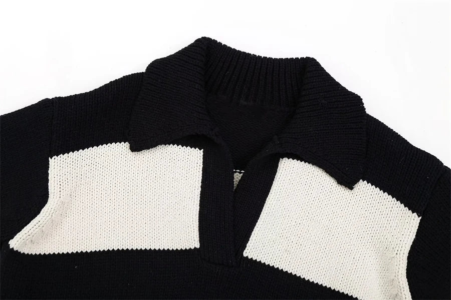 Women Fashion Black Striped Knit Sweater Spring Vintage Polo Neck Long Sleeve Female Pullovers Chic Tops - SJB-DIAMOND ELITES
