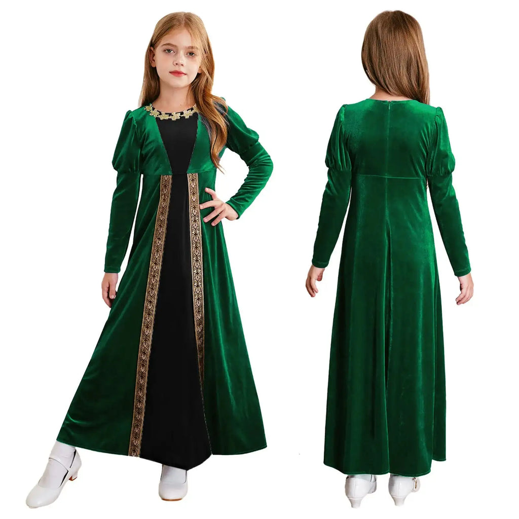 Girls Velvet Medieval Princess Dress Long Sleeve Renaissance Retro Robe Ancient Roman Long Dress for Halloween Carnival Party