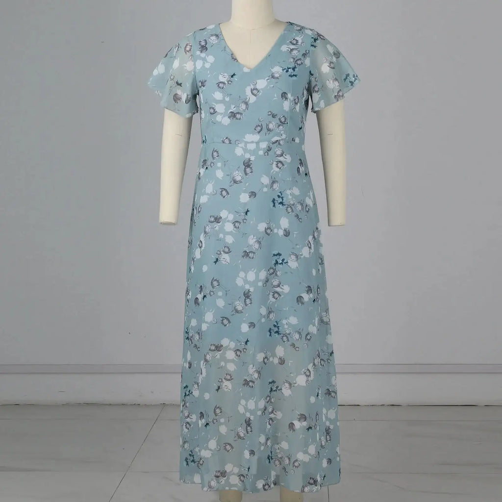 Vestidos Verano Moda 2024 Women's Swing Long Dress Chiffon Floral Short Sleeve Ruffle V Neck Fashion Waist Flowy Dress платье