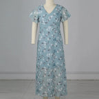 Vestidos Verano Moda 2024 Women's Swing Long Dress Chiffon Floral Short Sleeve Ruffle V Neck Fashion Waist Flowy Dress платье