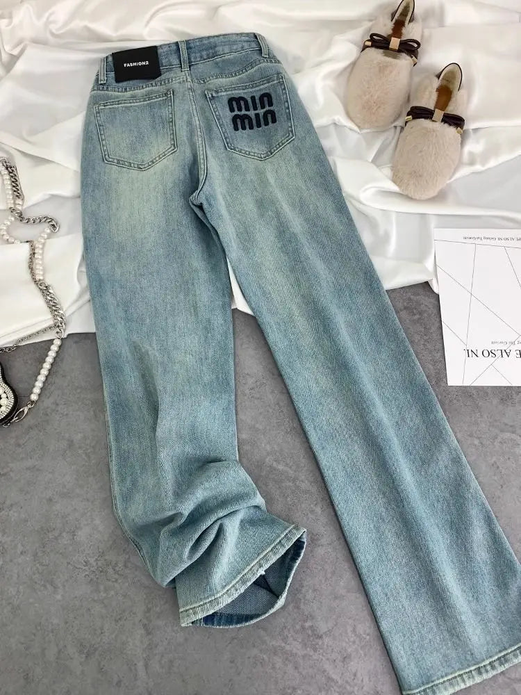 Blue Women Jeans Streetwear Vintage Fashion High Waisted Wide Leg Jean Female Trouser Letter Hip Hop Baggy Blue Denim Pants Lootquake LLC