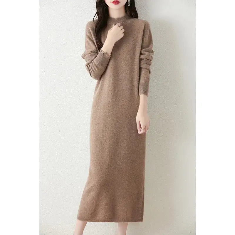 Autumn Winter Women's Wool Long Dress Cashmere Mock Neck Pullover Sweater 100% Merino Wool Soft Knitwear OL Simple Basic Dress Lootquake LLC