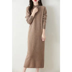Autumn Winter Women's Wool Long Dress Cashmere Mock Neck Pullover Sweater 100% Merino Wool Soft Knitwear OL Simple Basic Dress Lootquake LLC