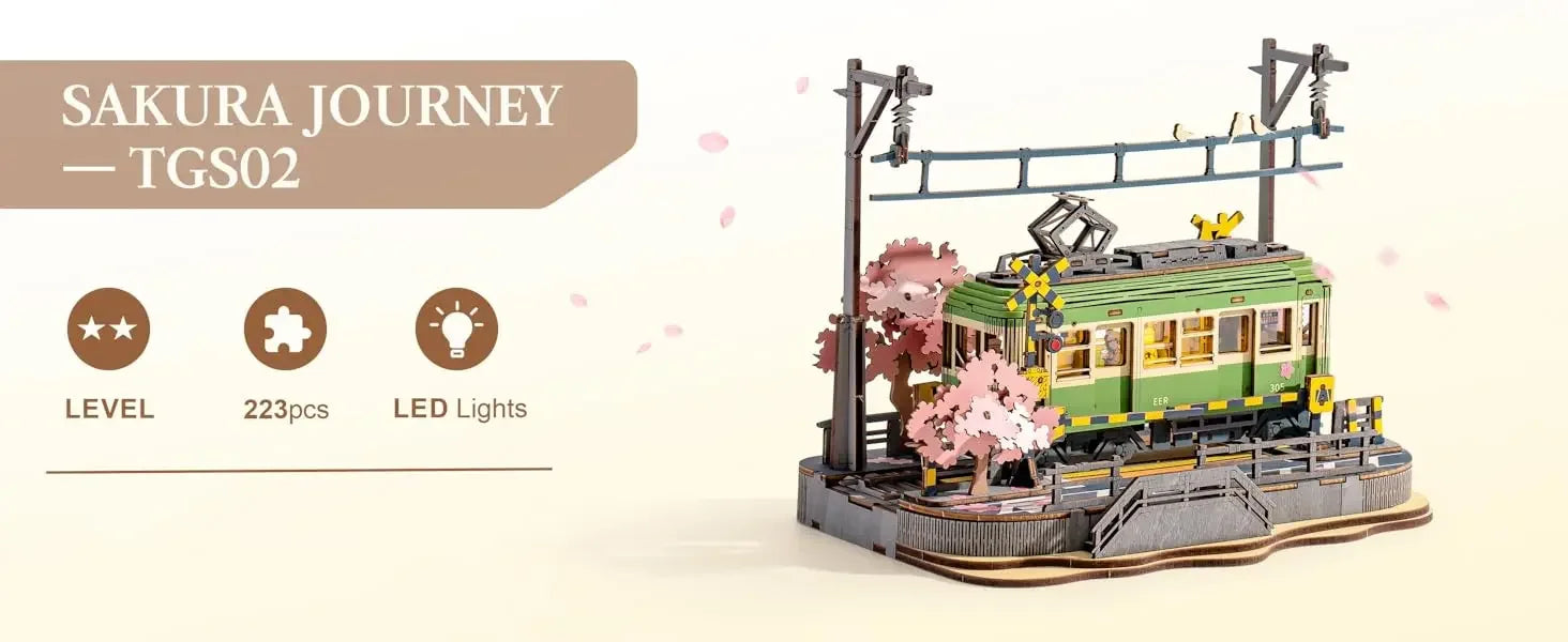 Robotime Sakura Journey Tram 3D Wooden Puzzles with LED Lights Home Decor Gift for Adults Women Girls Lootquake LLC