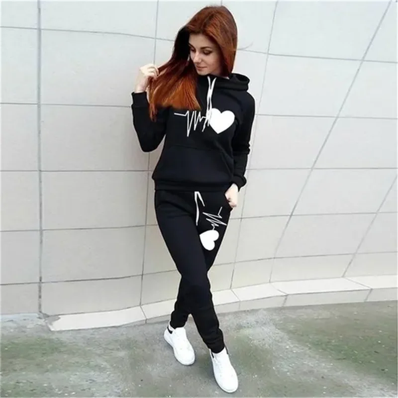Heart Print Plus Size Hoodie & Sweatpants Set THRIXINE