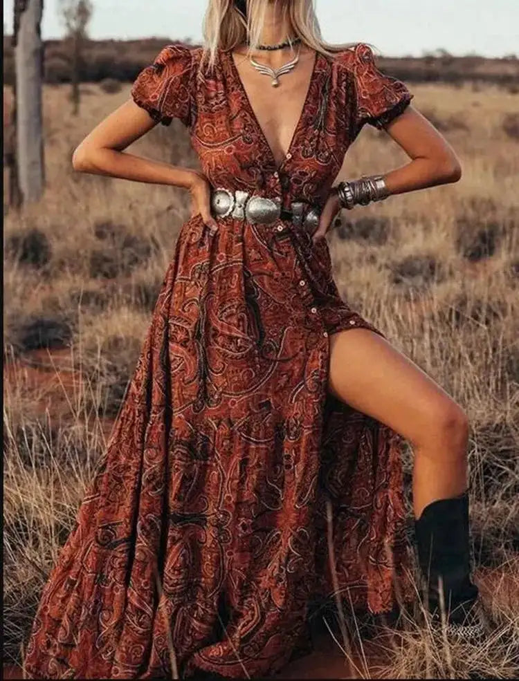 TEELYNN boho long dress Vintage 2023 floral print Chiffon three quarter sleeve v-neck summer Gypsy Hippie women dresses vestidos