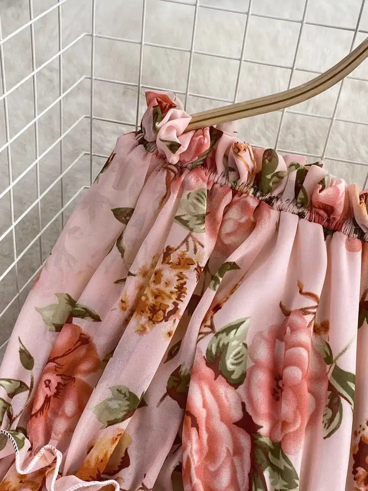 Summer New Off Shoulder  Wrap Waist to Show Thin A-line Fragmented Cake Dress Women's Beach Vacation Chiffon Long Dress GD820
