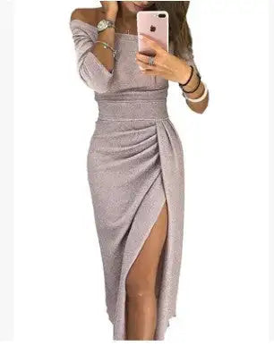 Slit Slash-neck Dress Women Sparkling Slim Long Dress Summer Korean Fashion Dinner Dress Bodycon Solid  Women Dresses Vestidos