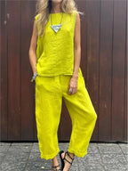 Summer Cotton And Linen Casual Outfits Female Fashion Solid Color Two-piece Set For Women Sleeveless Top Trousers Women's Suit Lootquake LLC