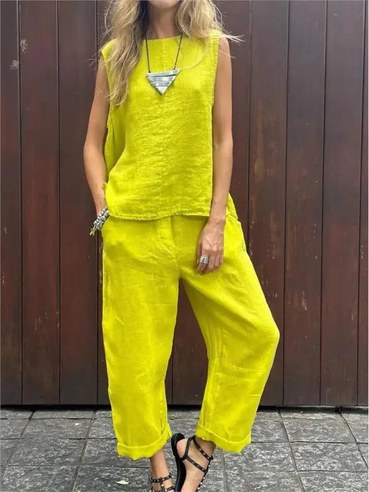 Summer Cotton And Linen Casual Outfits Female Fashion Solid Color Two-piece Set For Women Sleeveless Top Trousers Women's Suit Lootquake LLC
