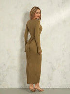 Women Spring Autumn Lace-up Knit Dress Elegant Long Sleeve Crew Neck Ribbed Solid Color Long Dress Streetwear