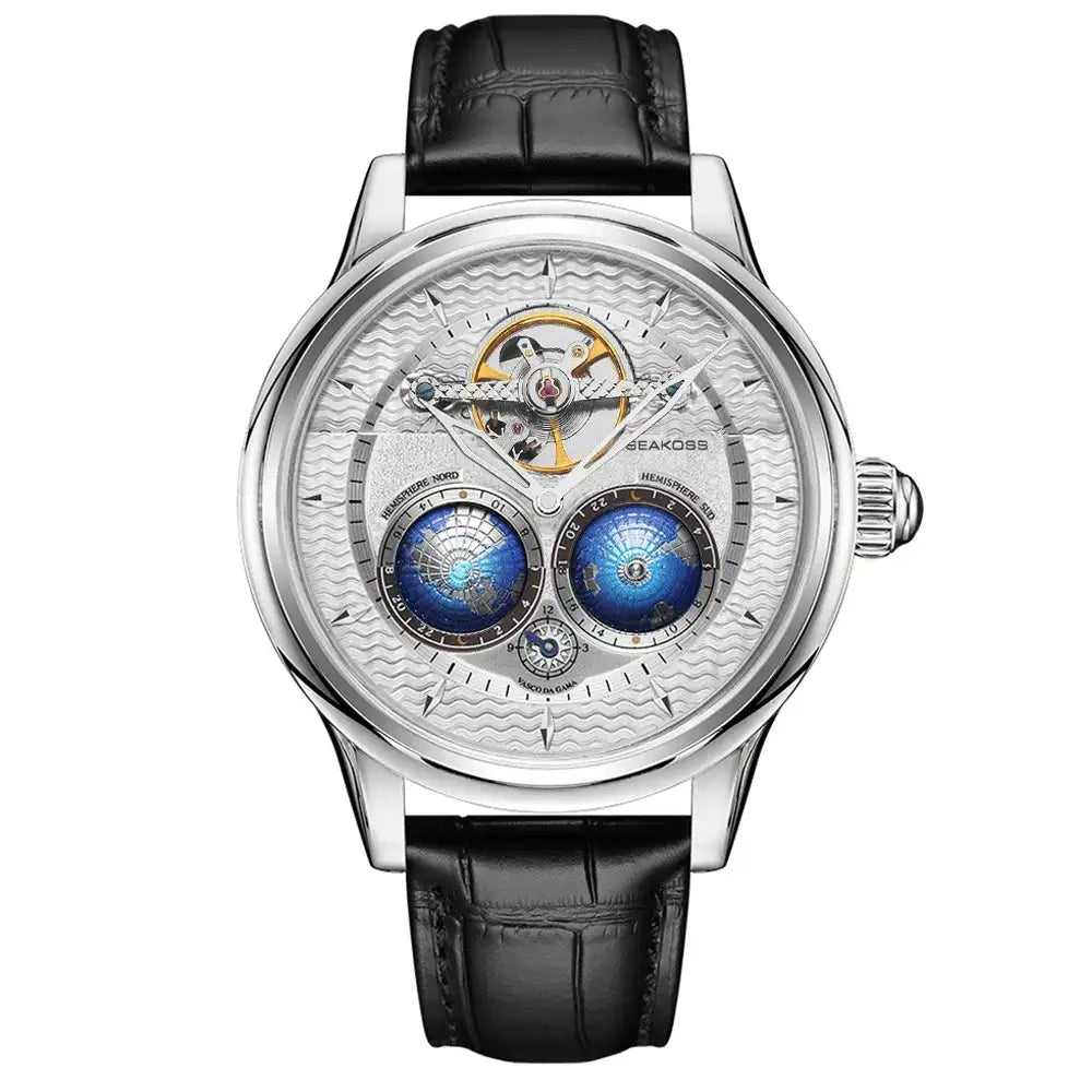 SEAKOSS Male Dual Earth Rotating Mechanical Men's Watch Automatic Movement Waterproof Clock Pilots 1963 Flywheel Wristwatches