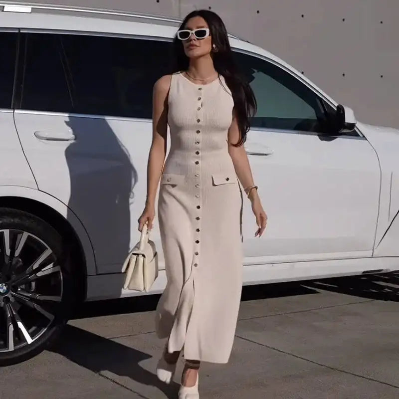 Fashion Knitted Long Dress For Women Elegant Sleeveless Button Maxi Sweater Bodycon Dresses Female Party Fashion Vestidos 2024 N