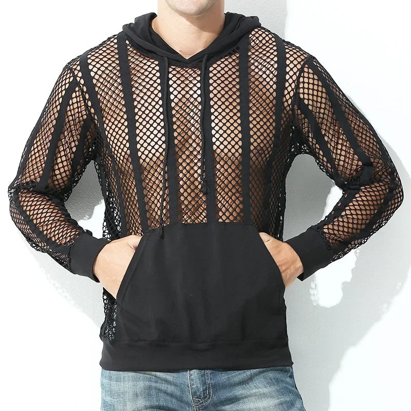 Men Mesh Shirt Transparent Long Sleeve Men Clothing Sexy Solid Party Nightclub Hooded Tops Lootquake LLC