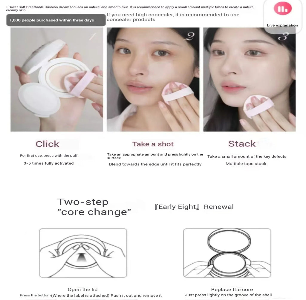 FLORTTE Air Cushion Concealer Coverage Moisturizing Long-Lasting Foundation Base Makeup Cream for Dry Skin Oil Control
