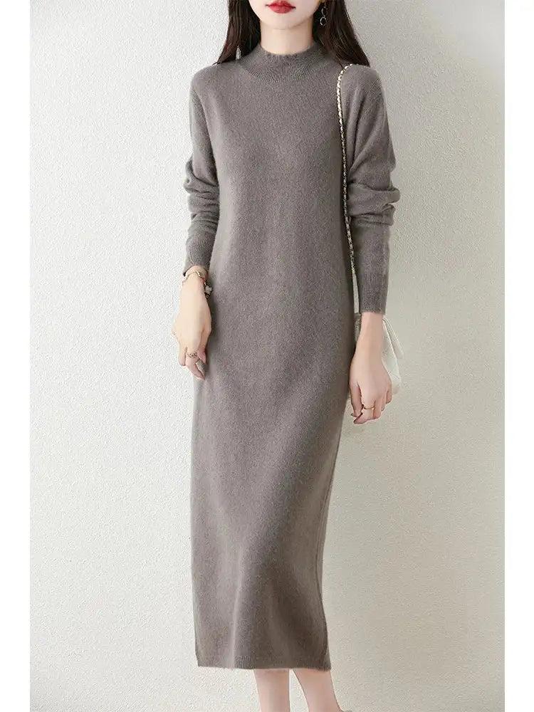 Autumn Winter Women's Wool Long Dress Cashmere Mock Neck Pullover Sweater 100% Merino Wool Soft Knitwear OL Simple Basic Dress Lootquake LLC