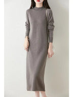Autumn Winter Women's Wool Long Dress Cashmere Mock Neck Pullover Sweater 100% Merino Wool Soft Knitwear OL Simple Basic Dress Lootquake LLC