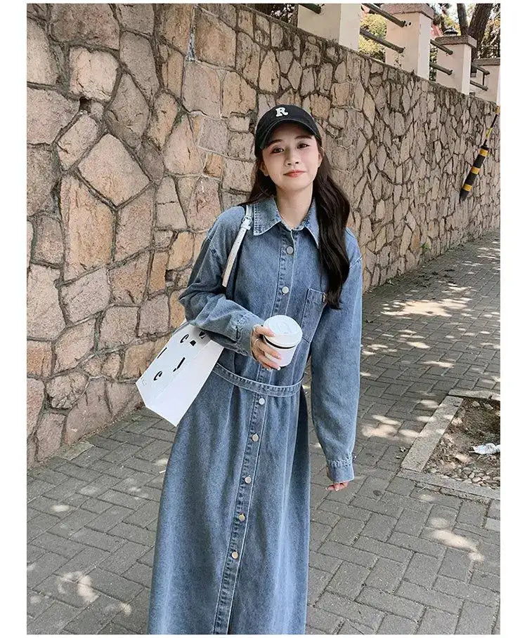 Denim Long Dress 2024 New Fashion Spring Autumn Korean Sweet Cargo LOOSE FIT Full Sleeve Girls Dress All-match