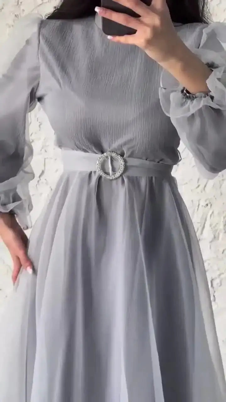 Spring Elegant Mesh Dress Muslim Women Fashion Solid High Waist Mesh Lantern Sleeves Long Dress Women