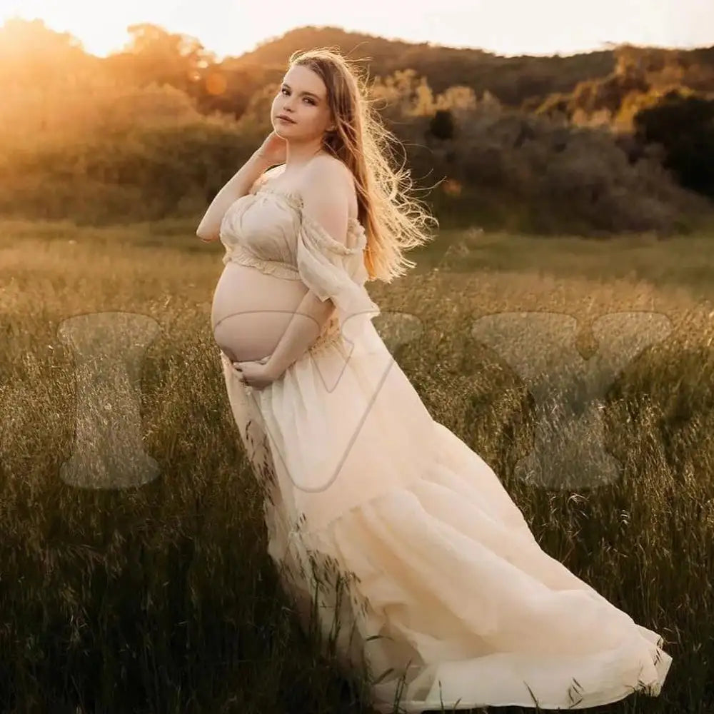 Maternity Dress For Photoshoot Pregnancy Off Shoulder Ruffled Semi Transparent Chiffon Long Dress Photography Dress For Women