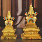 Buddha Statue Pagoda,Engraving Inlaid Gem Tibetan Alloy Double-Layer Tower,Altars Stupa,Buddhist Item Religious Decorative Lootquake LLC