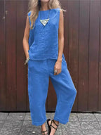 Summer Cotton And Linen Casual Outfits Female Fashion Solid Color Two-piece Set For Women Sleeveless Top Trousers Women's Suit Lootquake LLC