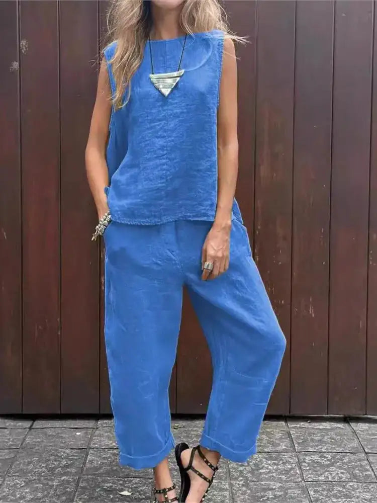 Summer Cotton And Linen Casual Outfits Female Fashion Solid Color Two-piece Set For Women Sleeveless Top Trousers Women's Suit Lootquake LLC