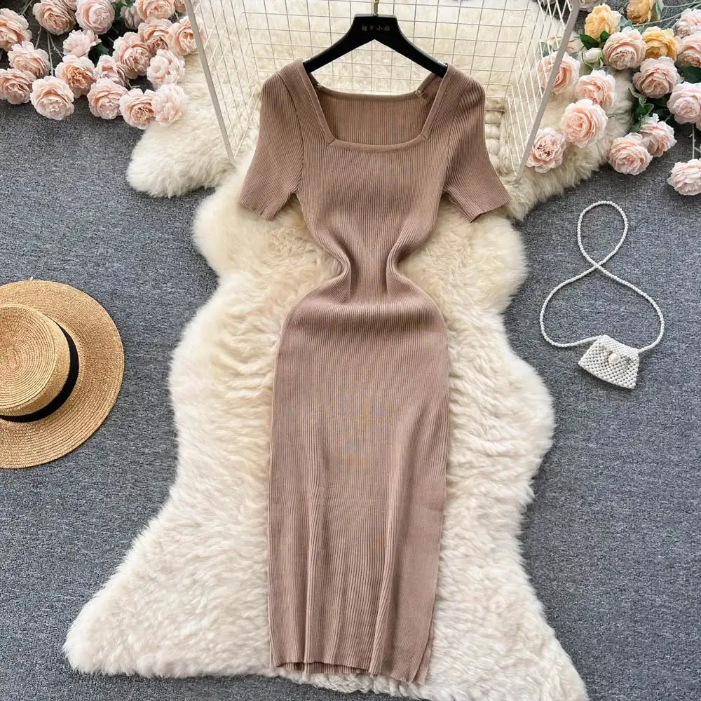 Green 2024 Sexy Summer Knit Short Sleeve Dress Women Squar Collar Waist Bodycon Sundress Female Beach  Backless Long Dress