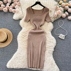 Green 2024 Sexy Summer Knit Short Sleeve Dress Women Squar Collar Waist Bodycon Sundress Female Beach  Backless Long Dress