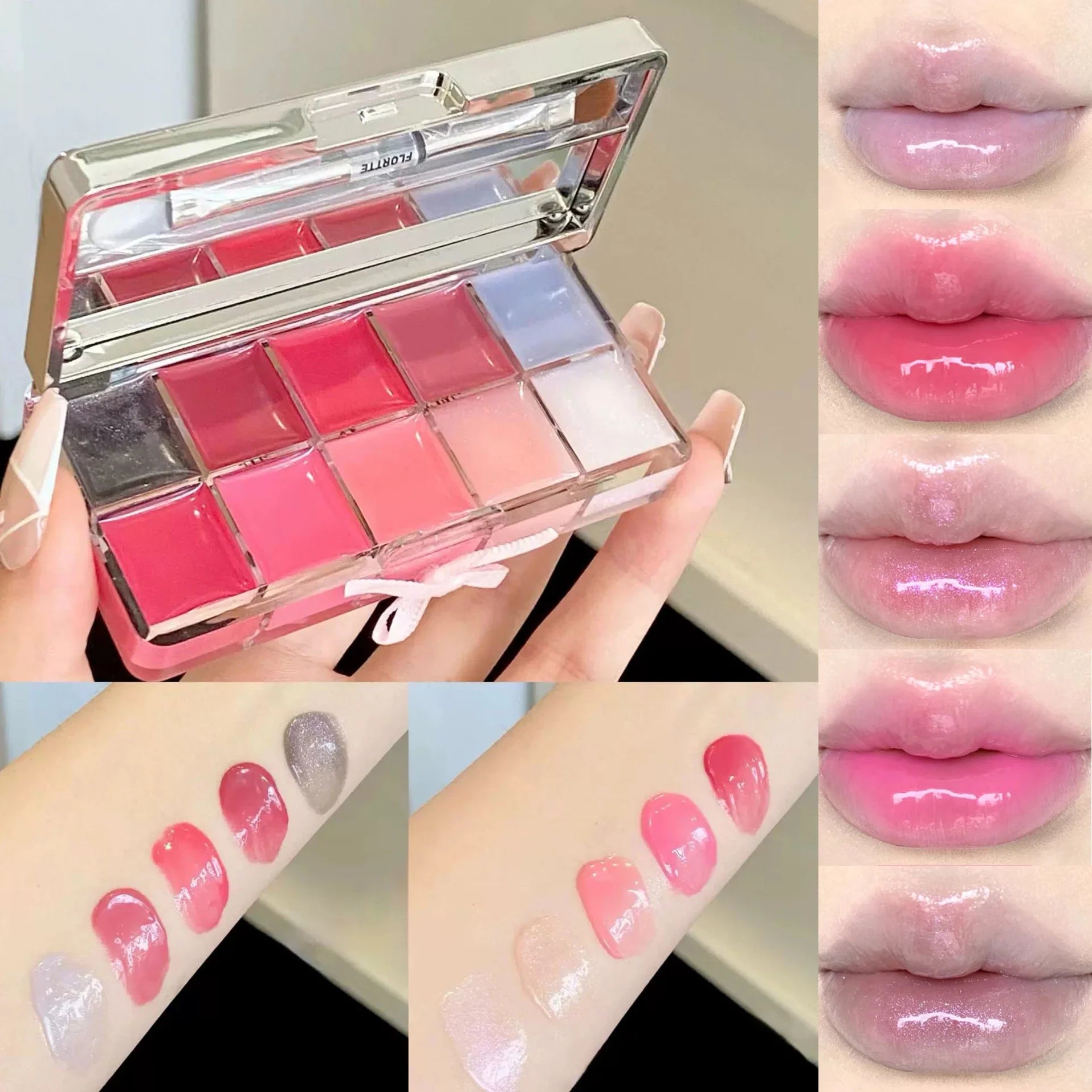 FLORTTE 10-Color Lip Palette Lip Gloss and Lipstick Glossy Moisturizing Pigmented Multifunctional Easy to Apply Lootquake LLC