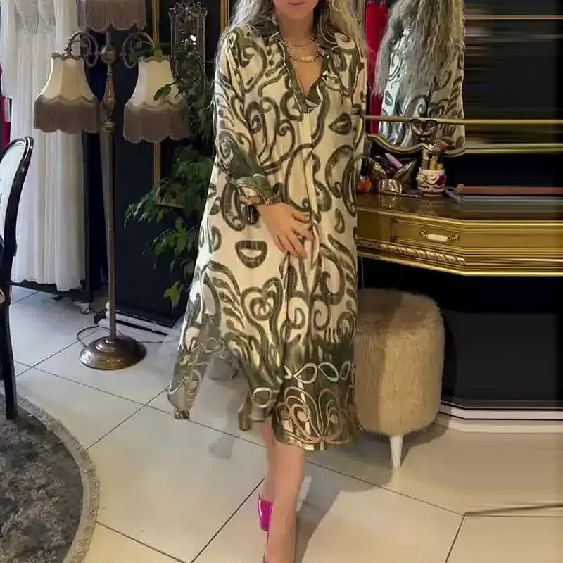 Vintage Fashion Printed V-neck Long Dress Women Spring Long-sleeved Loose Bohemian Dress Autumn Casual A-Line Maxi Dress Vestido