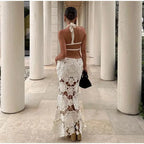 Fashion Hollow Out Halter Maxi Dress For Women 2024 Sexy Sleeveless Backless Long Dress Holiday Hook Flower Knitted Beach Robe