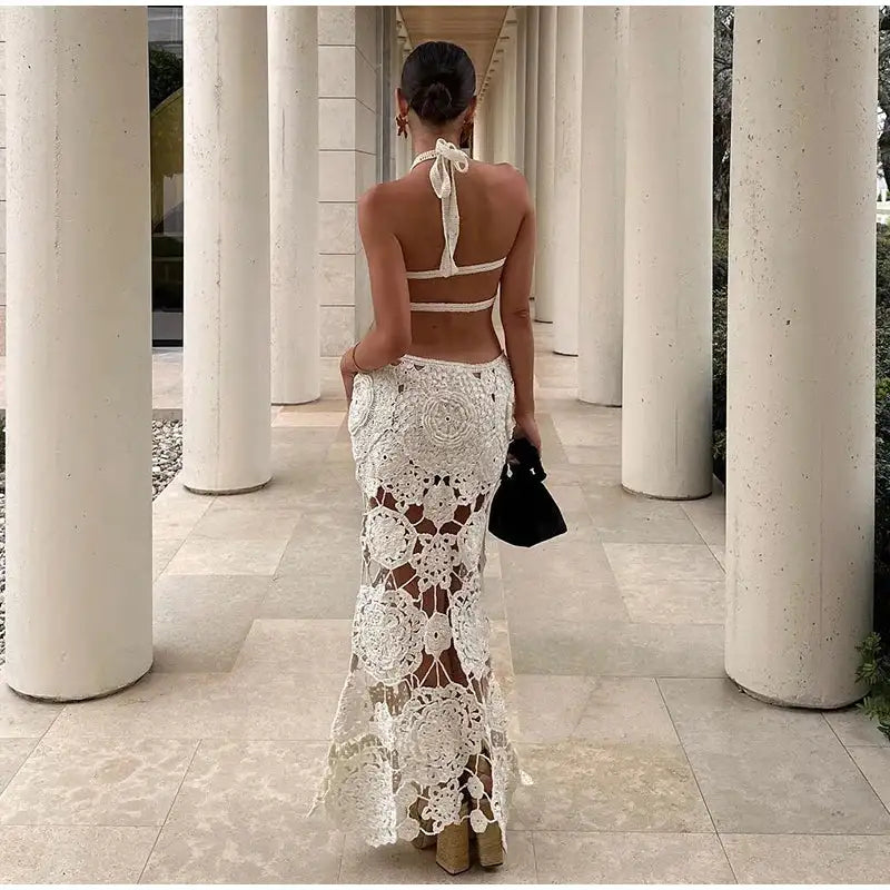 Fashion Hollow Out Halter Maxi Dress For Women 2024 Sexy Sleeveless Backless Long Dress Holiday Hook Flower Knitted Beach Robe