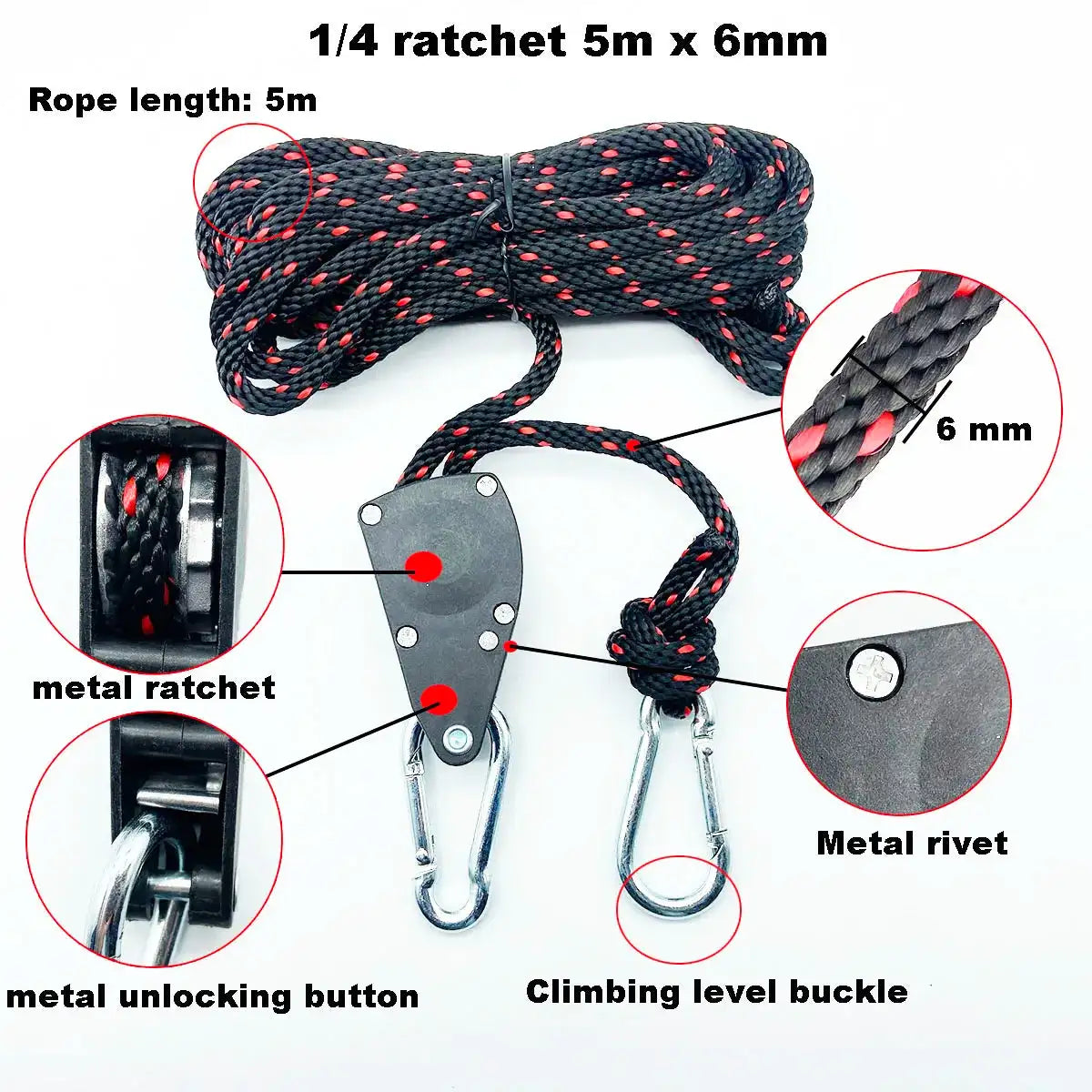 68kg 1/4 Ratchet for 6mm Rope Buckle Awning Wind Rope Tent Rope Fastener Fixed Buckle Pulley Hangers