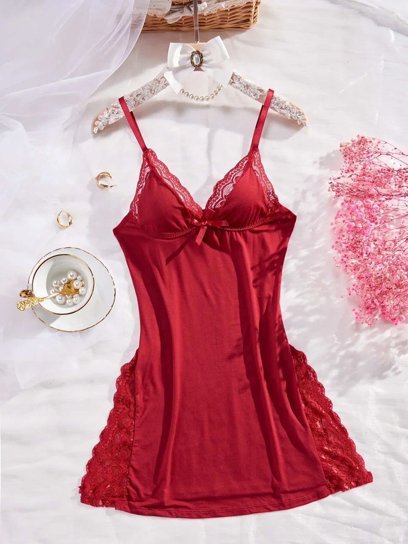 Women’s Sexy Lace Trim Side Slit Bowknot Decor Cami Sleep Dress Ladies Night Dresses Tops Girls Woman Loungewear 2024 Fashion Lootquake LLC